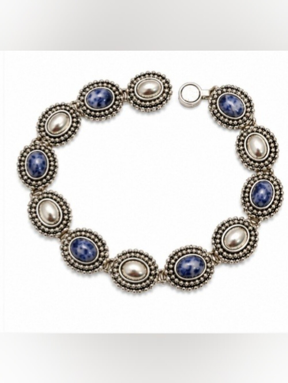 Blue Marbled Cabochon Stone Silver Link Bracelet Magnetic Clasp 8" (EUC)